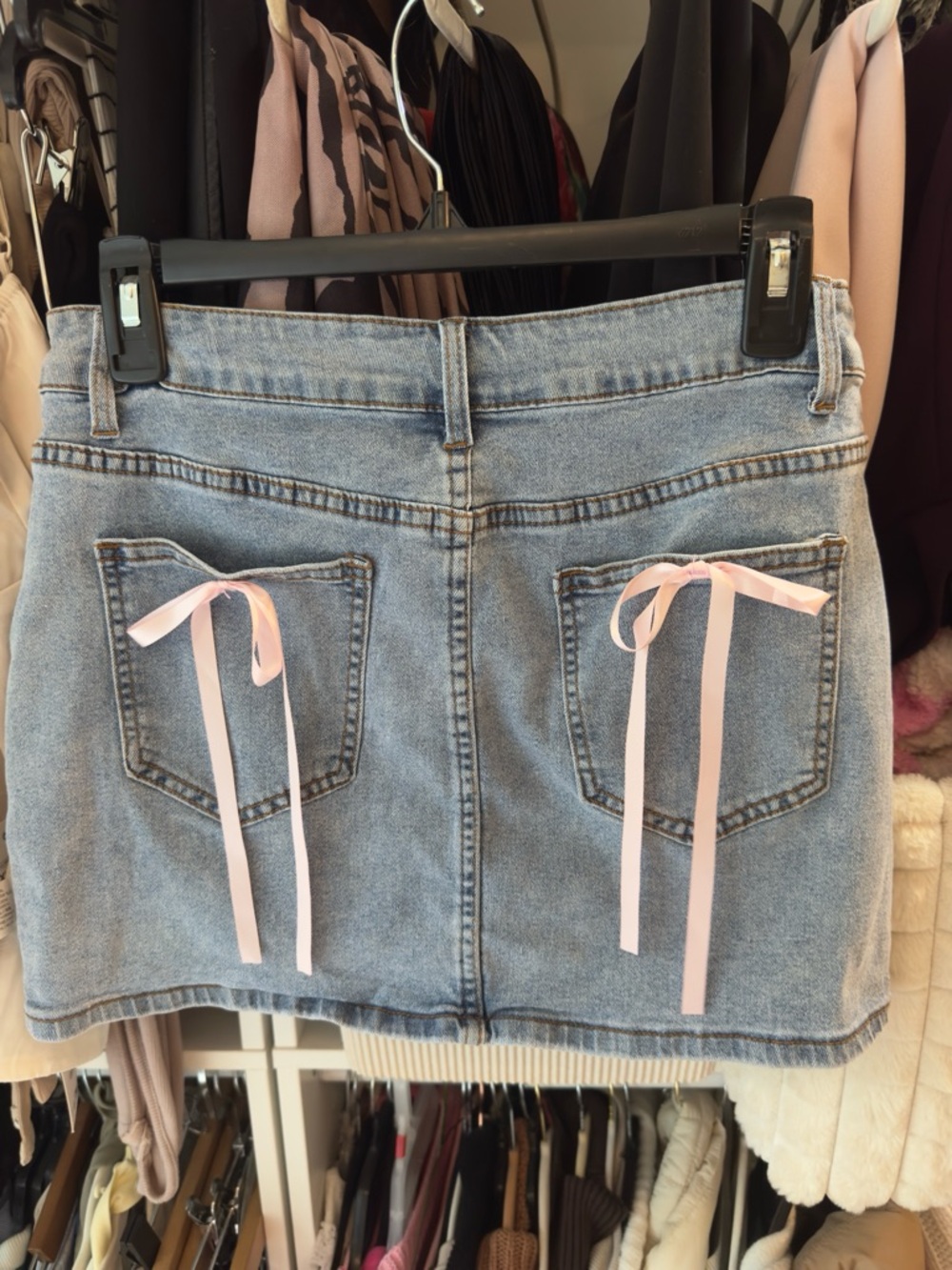 Light Wash Denim Mini Skirt with Pink Ribbon Pockets